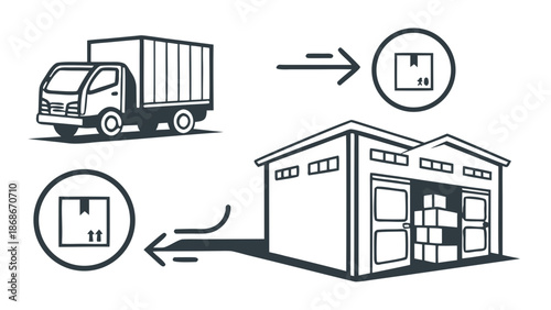 Delivery truck, warehouse with packages and shipping icon logistics illustration, Delivery truck arriving at a warehouse filled with stacked packages, and an arrow pointing from the warehouse 
