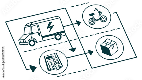 Sustainable electric truck delivery, bicycle and eco-friendly package process illustration, Line art illustration showing an electric delivery truck, a bicycle, a package, and a calculator