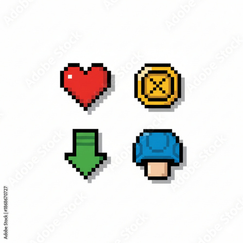 Retro pixel art graphics featuring classic game symbols such as hearts, coins, power-ups, and characters in an old-school style.