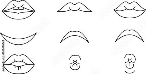 Set of nine distinct black and white line art icons representing various stylized mouth shapes and lip expressions for artistic or communication design projects needing simple facial graphics