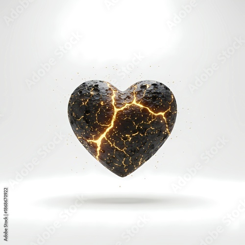 Cracked Heart Stone Emitting Golden Light, Symbolizing Emotional Resilience, Inner Strength, and Healing Power, 3D Rendered Dark Rock Isolated on White. heart of glass