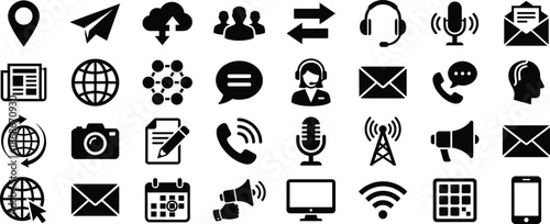 Communication and networking solid icon set featuring messaging media cloud phone email support symbols for modern digital business platforms