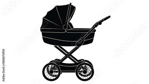 Black silhouette of a baby stroller on a isolated on white background