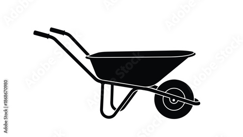 Black silhouette of a wheelbarrow with one wheel on a isolated on white background