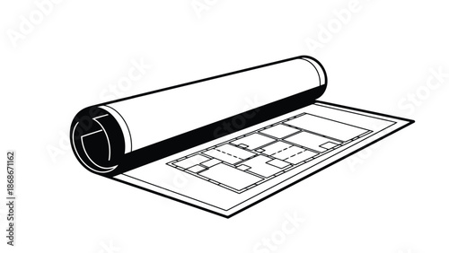 Black and white architectural blueprint roll with unrolled floor plan design isolated on white background
