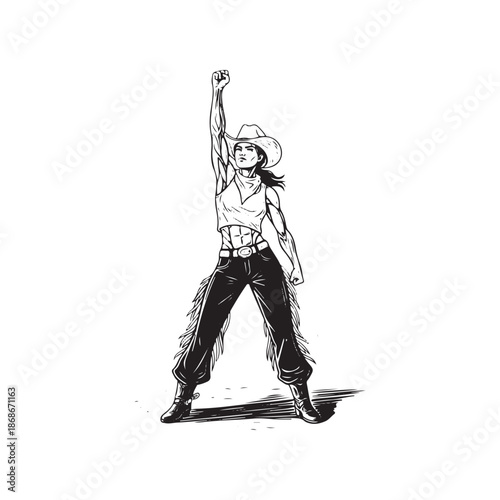 Powerful cowgirl with raised fist symbolizing strength and determination