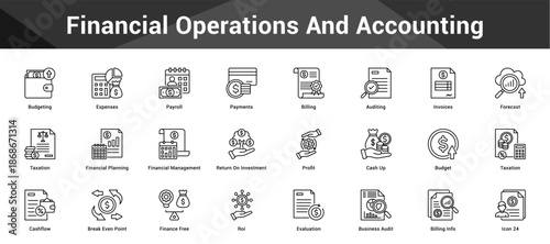 Financial Operations And Accounting Cohesive set of minimalist vector icons representing key ideas with visual clarity