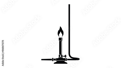 Silhouette of a laboratory Bunsen burner with flame on a in a flat minimalist style isolated on white background