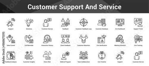 Customer Support And Service Cohesive set of minimalist vector icons representing key ideas with visual clarity