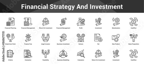 Financial Strategy And Investment Cohesive set of minimalist vector icons representing key ideas with visual clarity