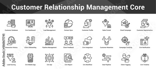 Customer Relationship Management Core Cohesive set of minimalist vector icons representing key ideas with visual clarity