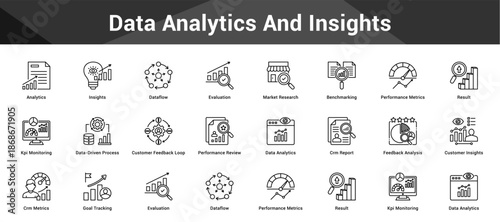 Data Analytics And Insights Cohesive set of minimalist vector icons representing key ideas with visual clarity