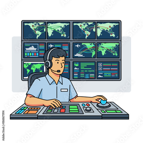 logistics operator monitoring global shipment routes on digital screens for business presentations, supply chain blogs and transportation websites, with copy space