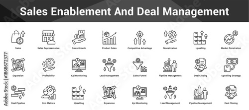 Sales Enablement And Deal Management Cohesive set of minimalist vector icons representing key ideas with visual clarity