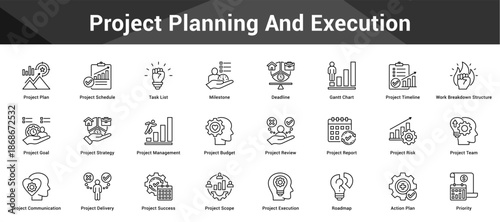 Project Planning And Execution Cohesive set of minimalist vector icons representing key ideas with visual clarity