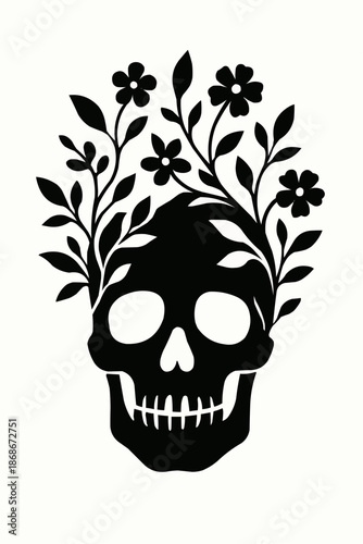 A scary human skull and crossbones vector illustration on a black background creates a horror themed death symbol for a spooky Halloween tattoo design or anatomy art icon