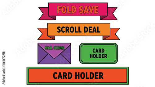 A colorful graphic illustration of various card holder and mail order labels