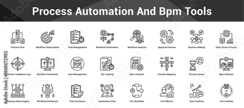 Process Automation And Bpm Tools Cohesive set of minimalist vector icons representing key ideas with visual clarity