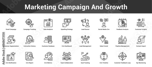Marketing Campaign And Growth Cohesive set of minimalist vector icons representing key ideas with visual clarity