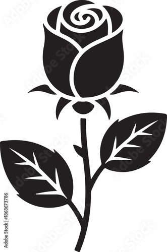 A single black silhouette depicts an elegant rose bud positioned firmly on its stem with two leaves