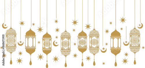 Luxury golden hanging islamic lanterns with crescent moons and stars vector illustration for ramadan kareem eid mubarak and traditional religious festival celebration background.