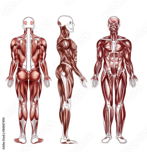 Artistic stylized illustration of human muscle anatomy showing front, back and side views. Suitable for anatomy studies, fitness concepts, art reference, illustration projects and visual learning