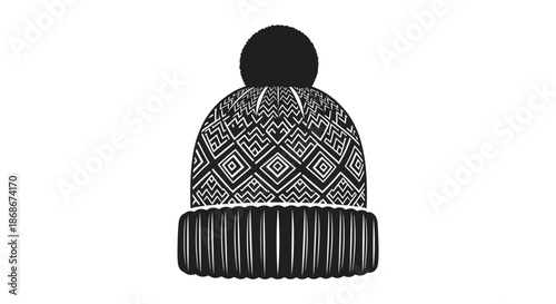 A detailed black and white illustration of a knitted winter hat with a pompom silhouette