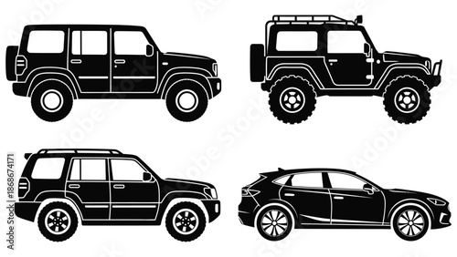 A set of four different vehicle silhouettes on a white background