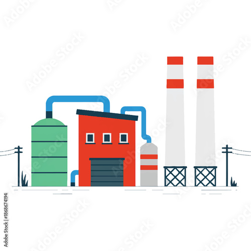industrial factory with smokestacks and pipes connected