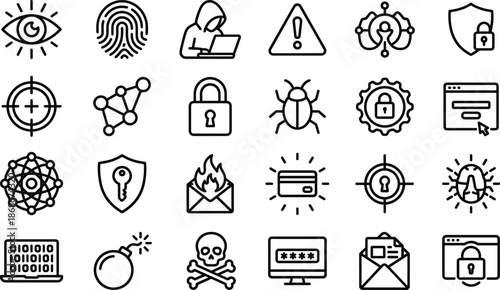 Cyber security threat and protection icon set featuring hacker malware warning authentication privacy data safety vector illustration
