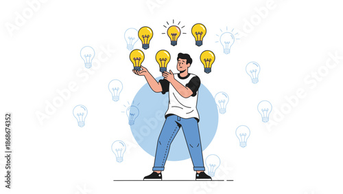 Man Holding Glowing Lightbulbs, Symbolizing Ideas and Innovation