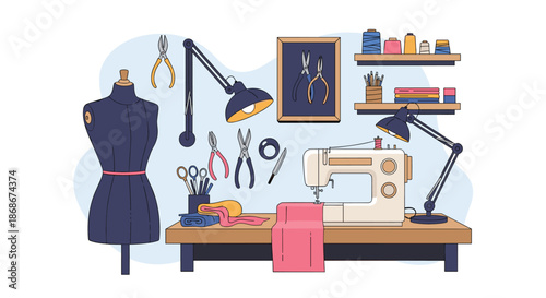 Creative sewing workspace with a sewing machine, a mannequin, fabrics, thread spools, lamps, and various tailoring tools on a table.