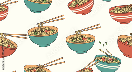 Seamless pattern of colorful bowls filled with ramen noodles and vegetables with wooden chopsticks holding some noodles aloft.
