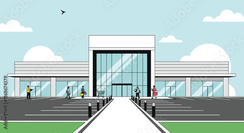 Exterior view of a modern supermarket building with large glass windows, a parking lot, and customers carrying shopping bags and carts.