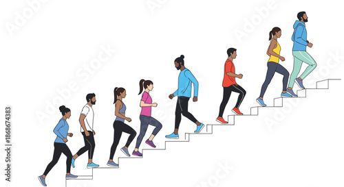 Group of diverse men and women in athletic clothing walking or running up a set of white stairs representing growth and progress.