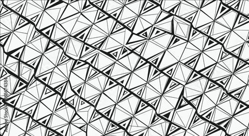 Detailed black and white geometric pattern featuring a dense arrangement of triangles and polygons creating a complex architectural texture.