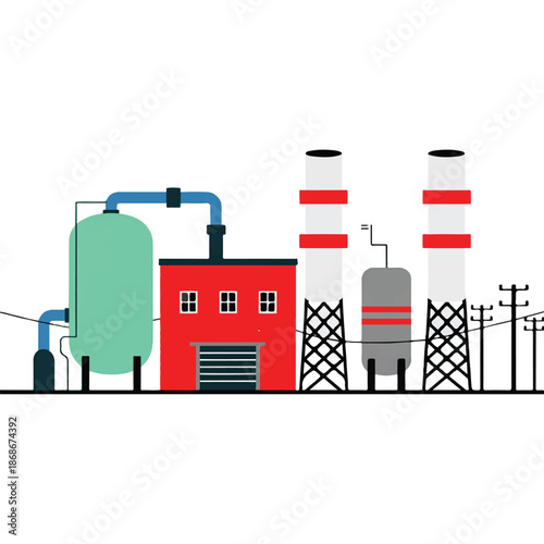 industrial factory with smokestacks and power lines