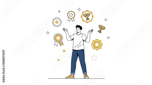 Man Juggling Trophies and Awards, Symbolizing Success and Achievement