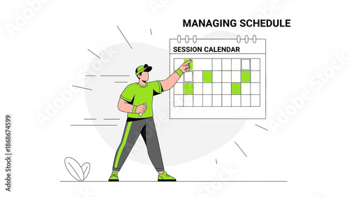 Man Managing Schedule Calendar with Green Markers, Time Management Concept