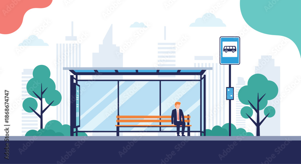 Naklejka premium Businessman sitting alone on a wooden bench at a city bus stop with skyscrapers and trees in a minimalist cityscape.