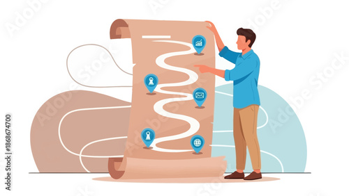 Man planning business strategy on roadmap with icons, project planning, goals, and success