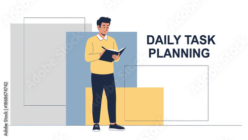 Man planning daily tasks in notebook, business concept illustration