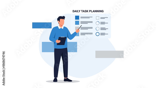 Man planning daily tasks on checklist, business productivity concept illustration