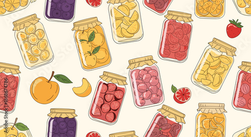 Seamless pattern of various glass jars filled with colorful fruit and berry preserves like jam, jelly, and marmalade.