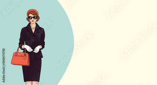 Elegant woman in vintage dress and hat holding a red handbag standing against a clean minimalist light blue background.