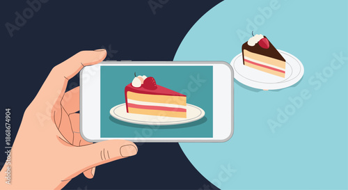 Person taking a high quality photo of a delicious chocolate and strawberry cake slice using a white smartphone.