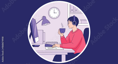Person wearing headphones working late at a computer desk while drinking coffee in a quiet purple lit office space.