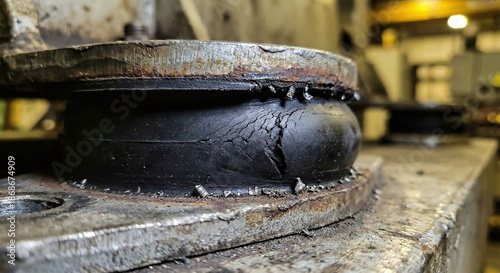Close-up of a damaged industrial rubber vibration isolator mount with visible cracks and metallic debris