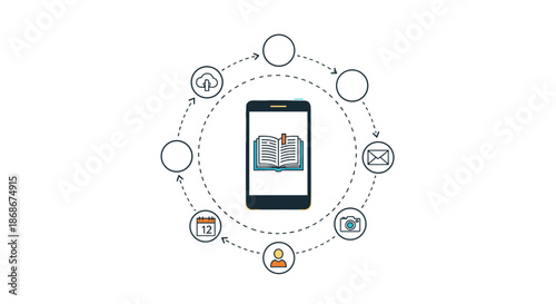 Smartphone showing an open book icon surrounded by a circular flow of various digital application and productivity icons.