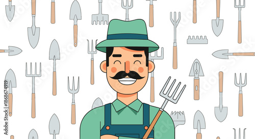 Friendly gardener with a mustache wearing a green hat and overalls holding a pitchfork against a pattern of tools.